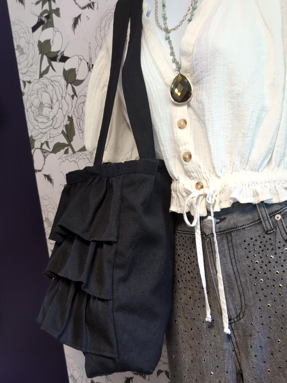Ruffled Black Canvas Tote Bag - Women - Picture 3 of 6